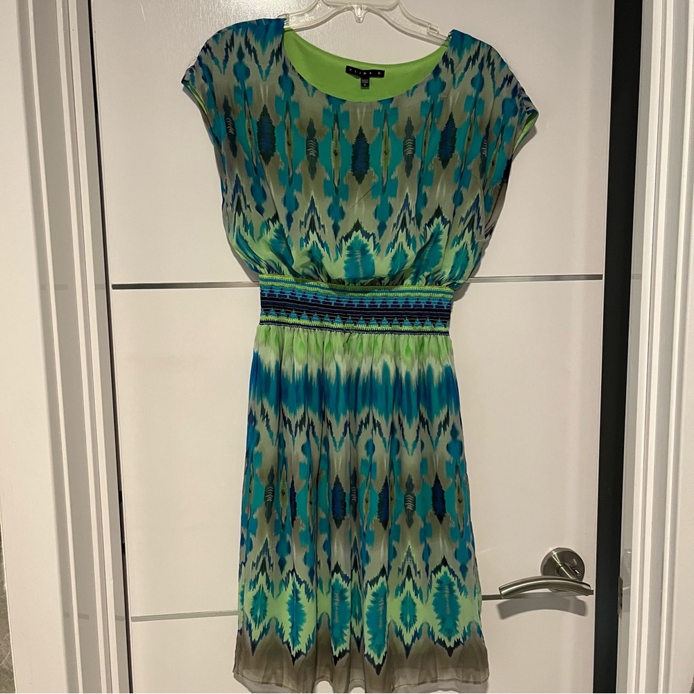 Tiana B. multicolor watercolor pattern short sleeve midi boat neck lined dress